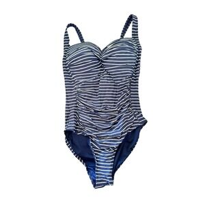 Nip Tuck Swim Navy Stripe One Piece Swimsuit Multi Fit Cup Size 8‎ Ruched Sexy